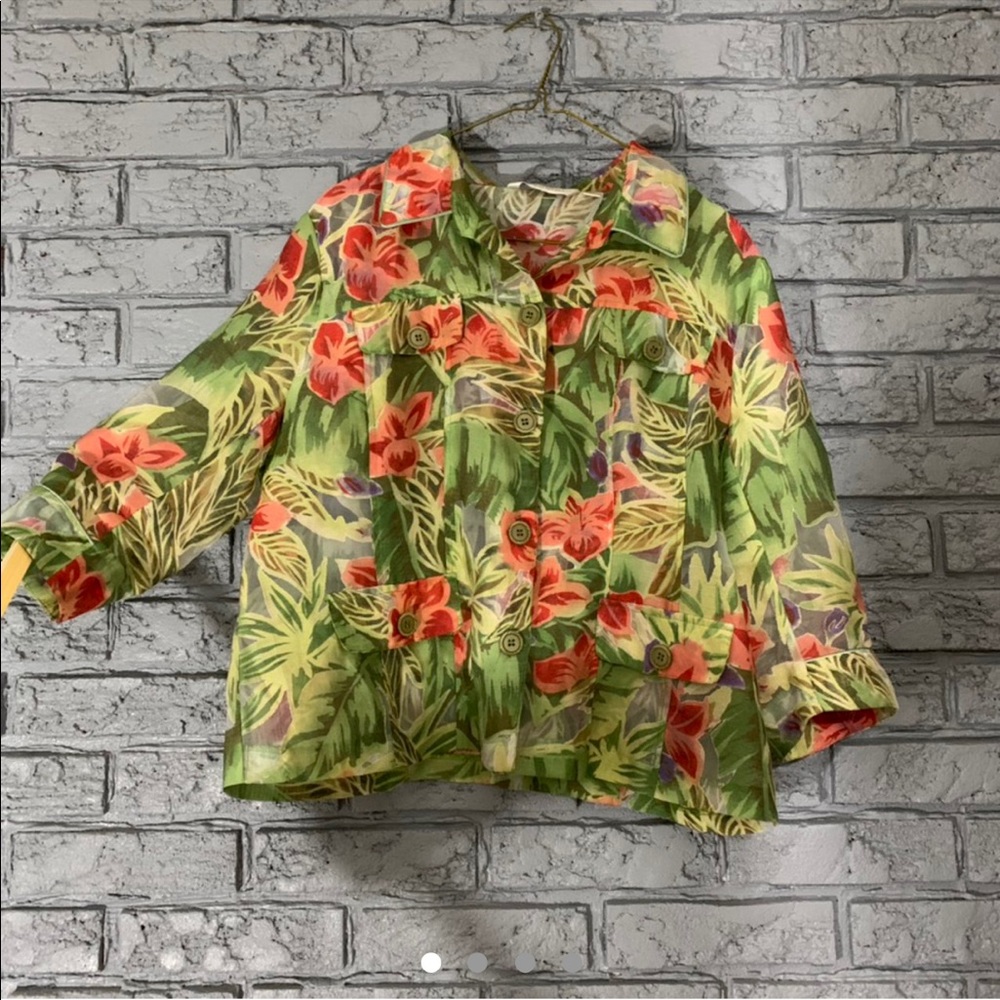 multicoloured floral semi sheer peekaboo button up